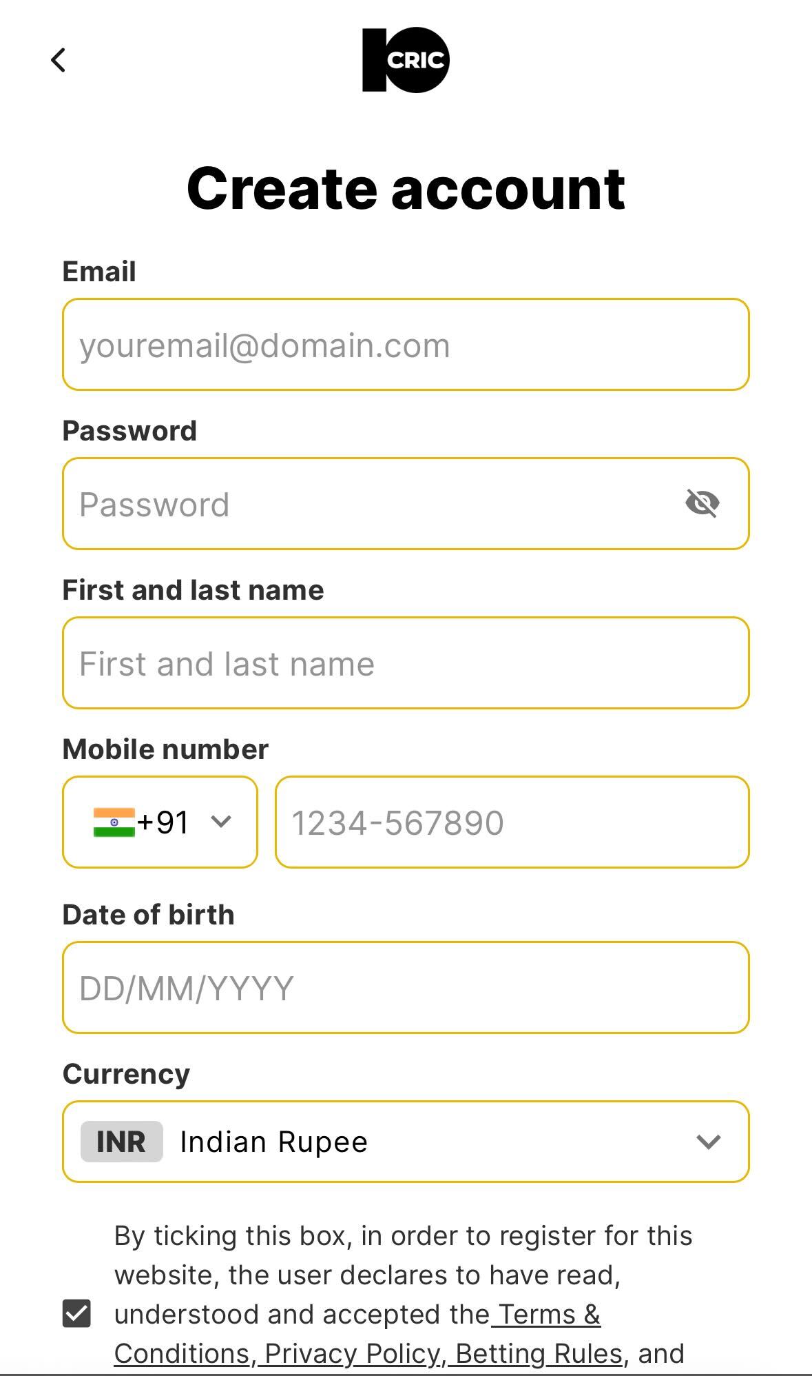 10Cric app registration process.