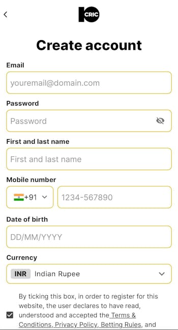 10Cric app registration process.