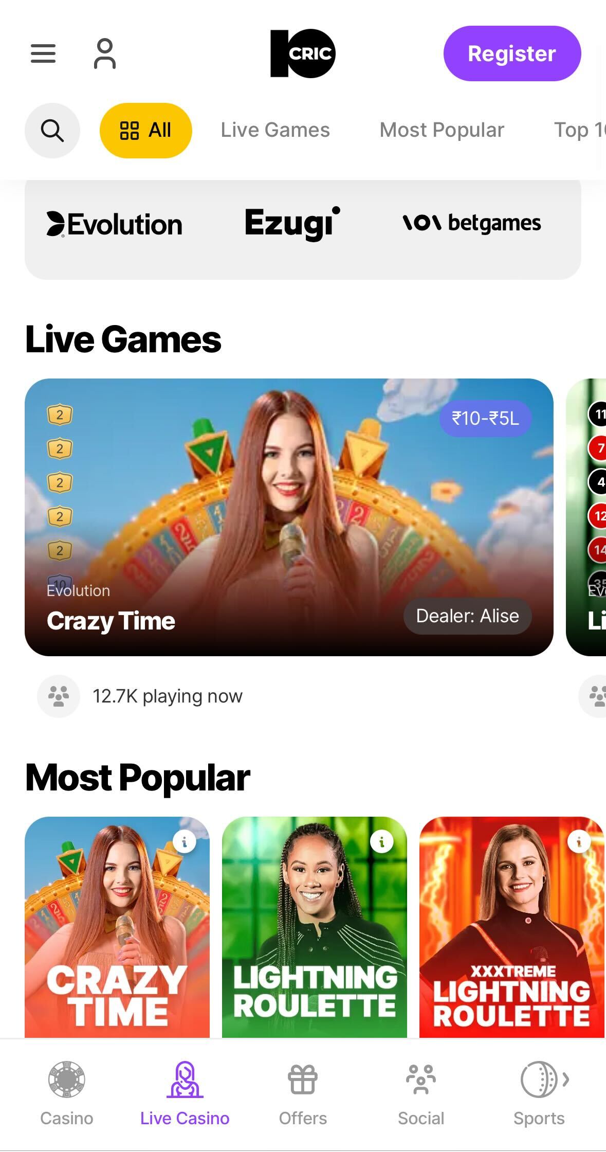 10Cric app live casino games.