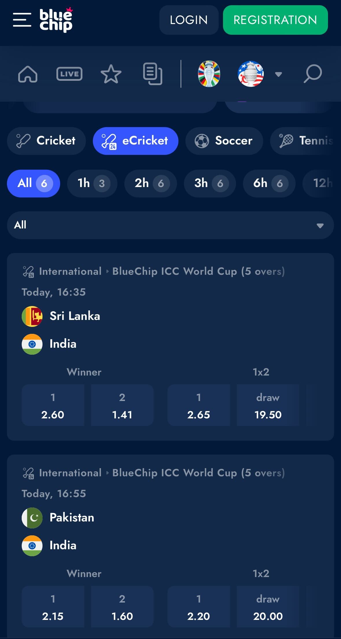 BlueChip esports and virtual sports on the app