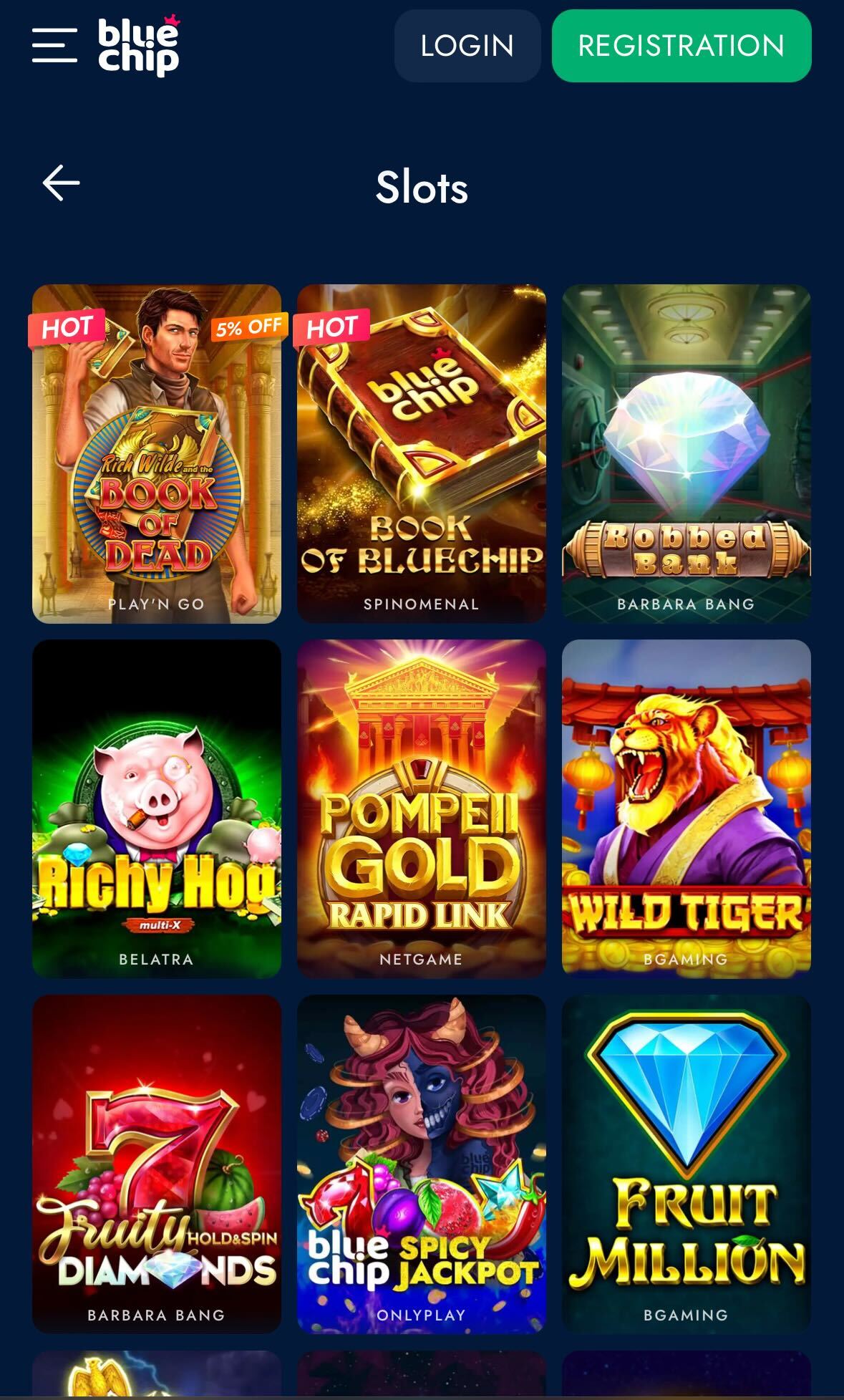 BlueChip mobile slot games on the app.