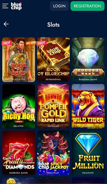 BlueChip mobile slot games on the app.