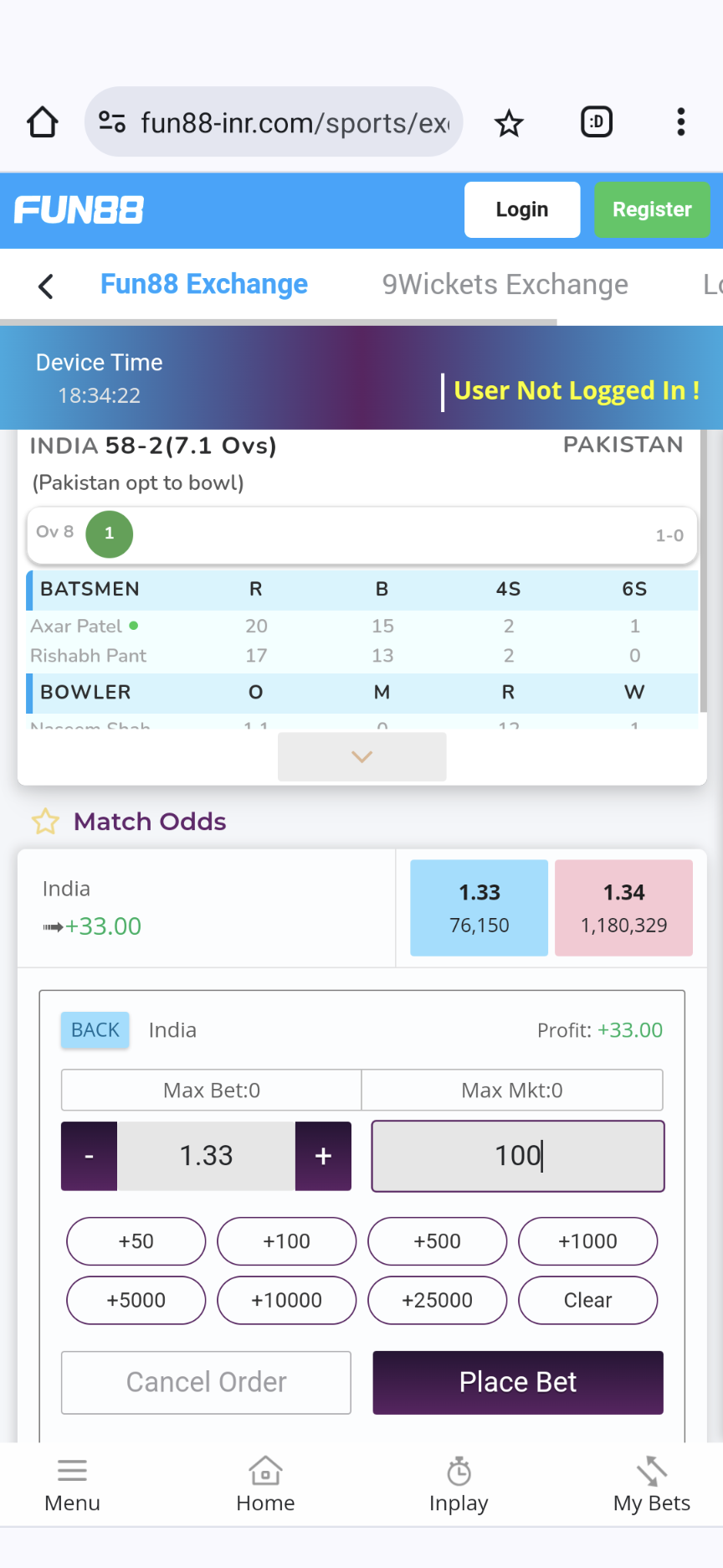 Fun88 Exchange back bet with India vs Pakistan