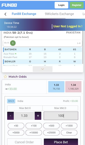 Fun88 Exchange back bet with India vs Pakistan