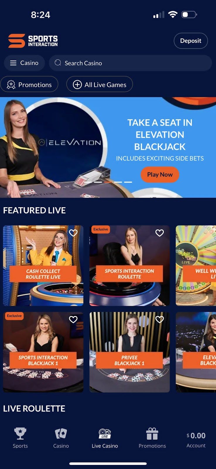 sports interaction live casino selection