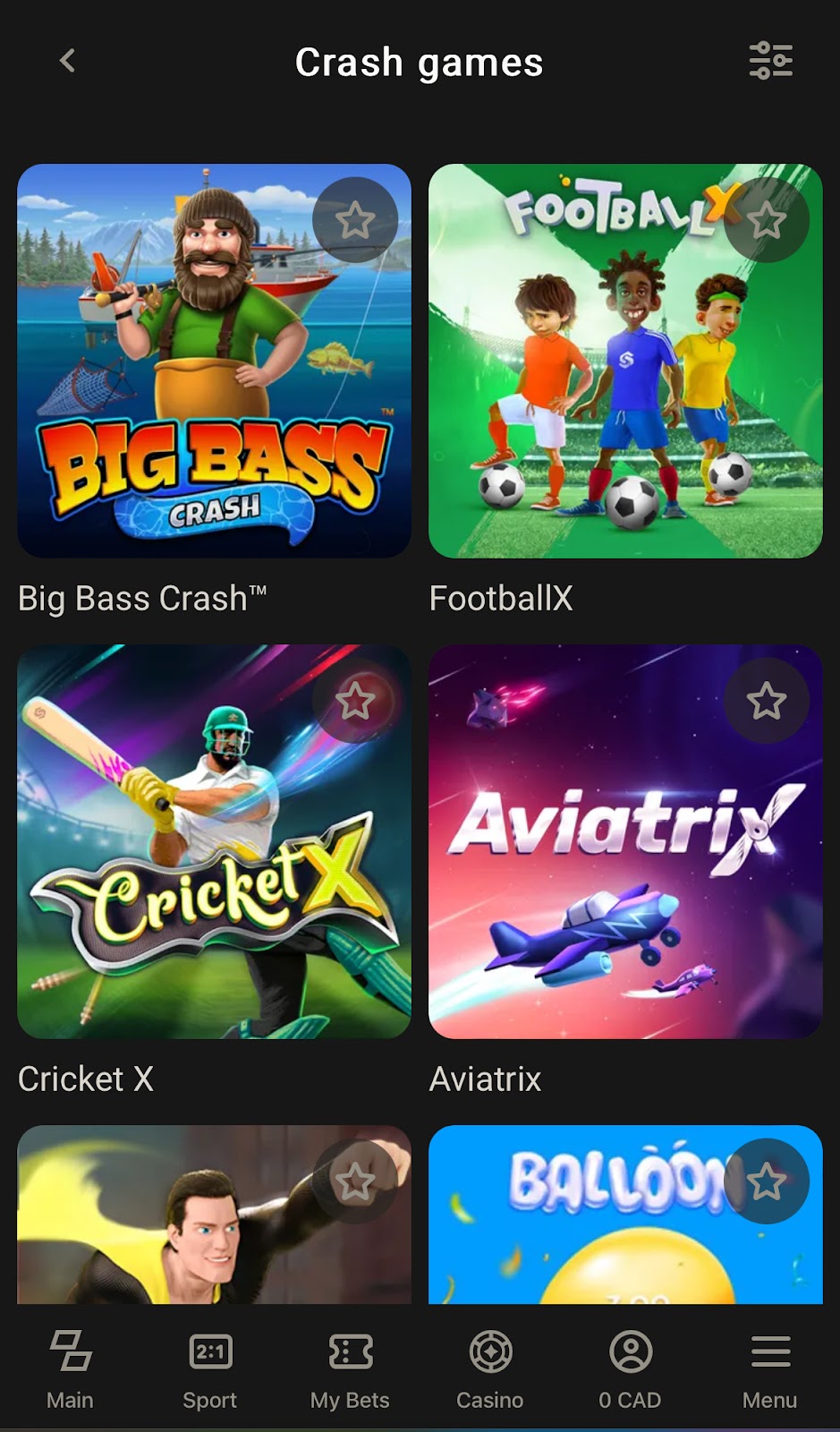 crash games selection at parimatch