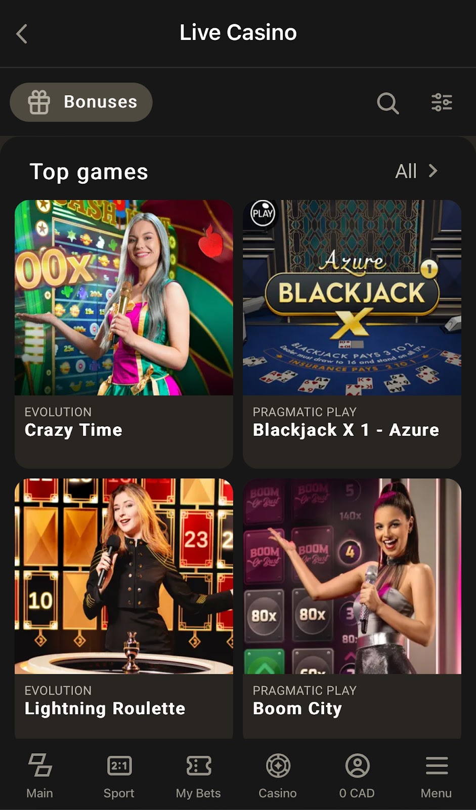 live casino selection at parimatch