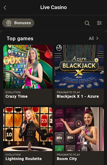 live casino selection at parimatch