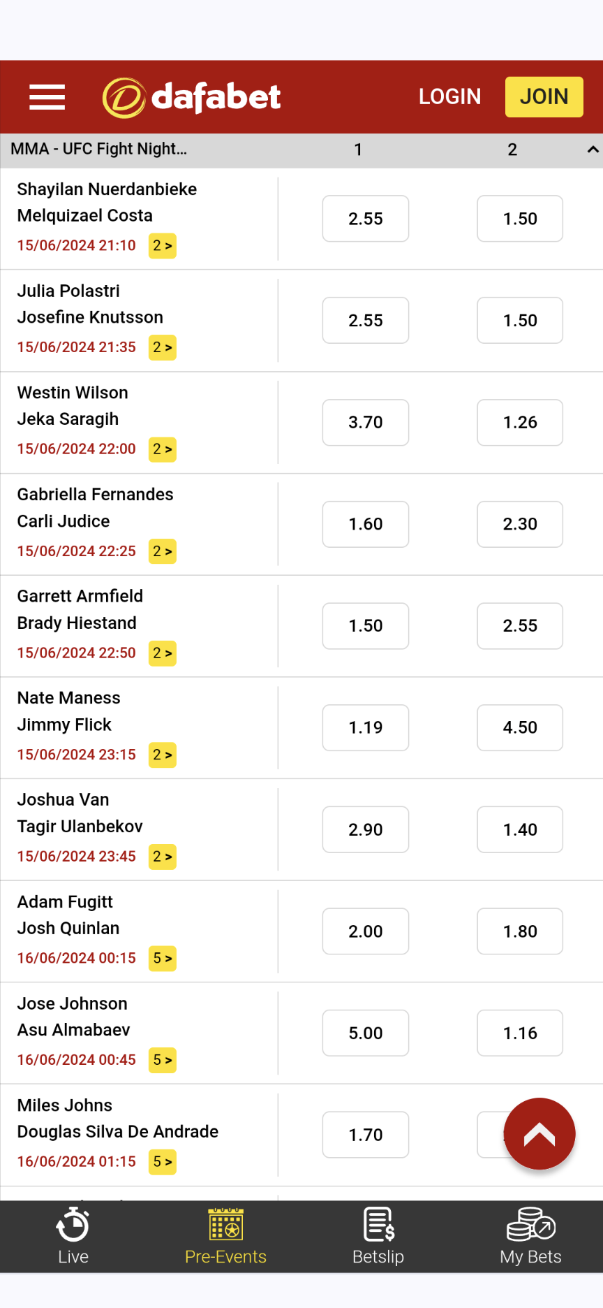 Dafabet UFC betting in India.