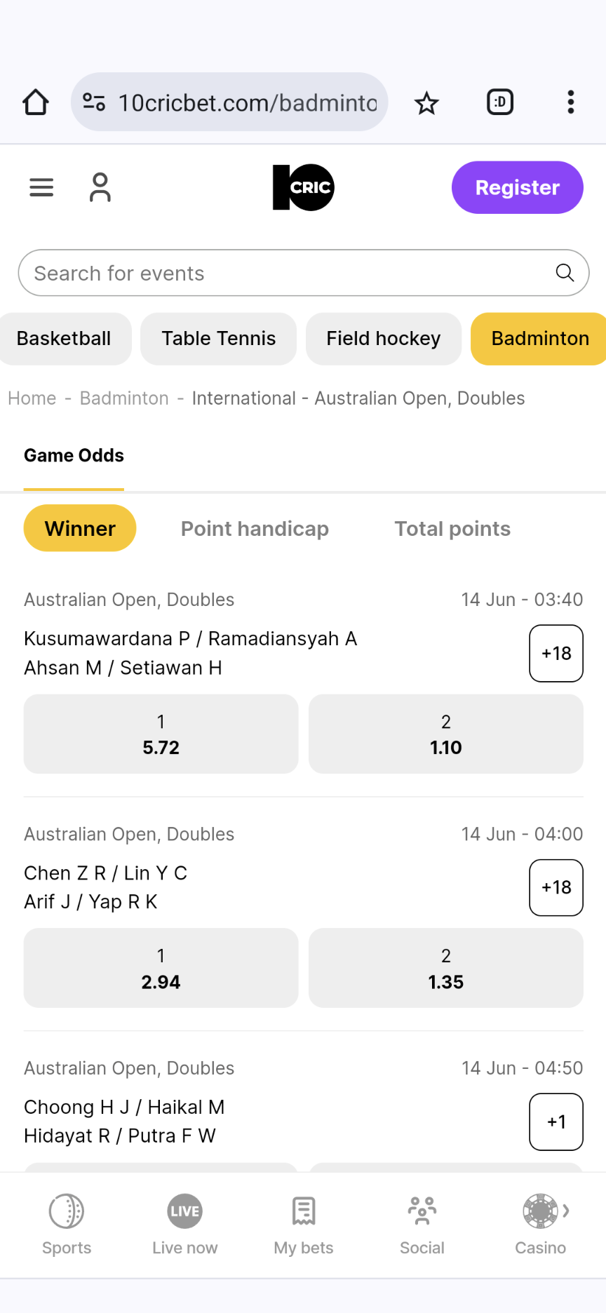 10Cric badminton betting in India.