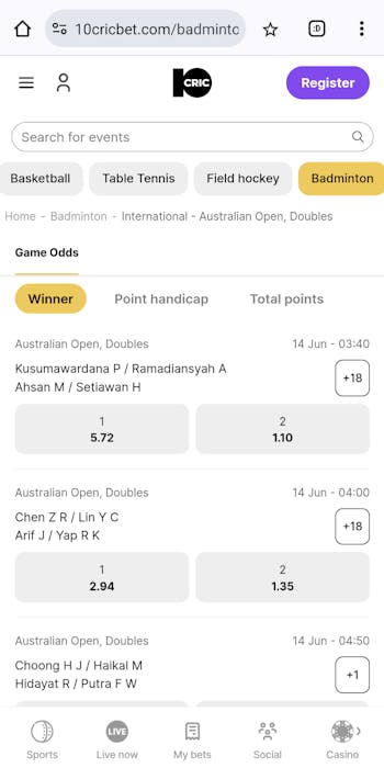 10Cric badminton betting in India.