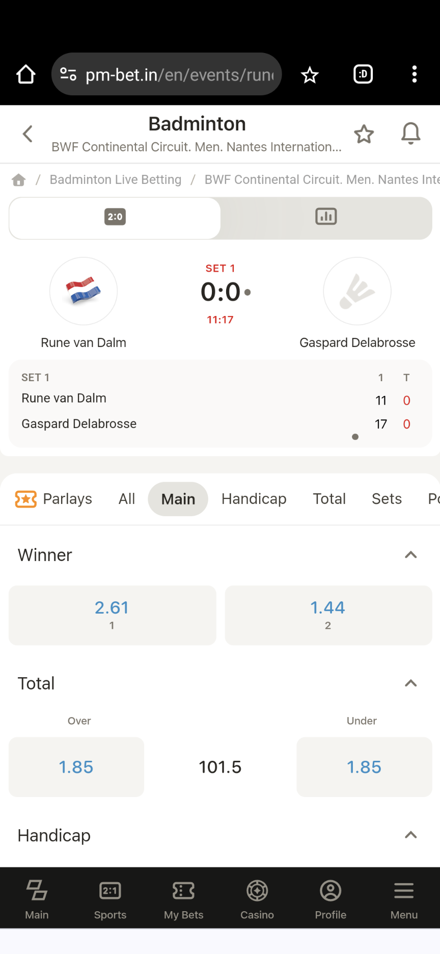 Parimatch badminton betting in India
