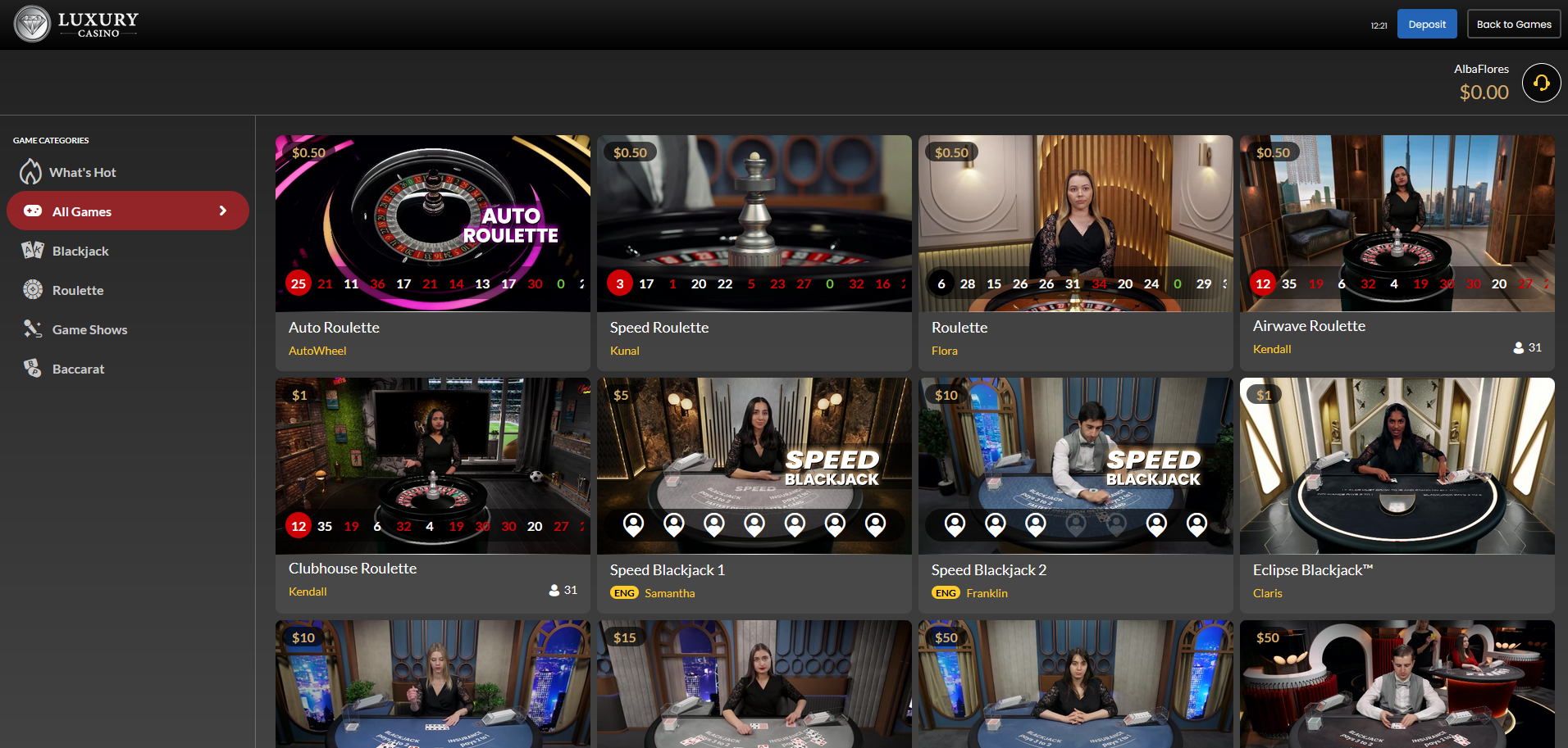 live casino selection in luxury casino