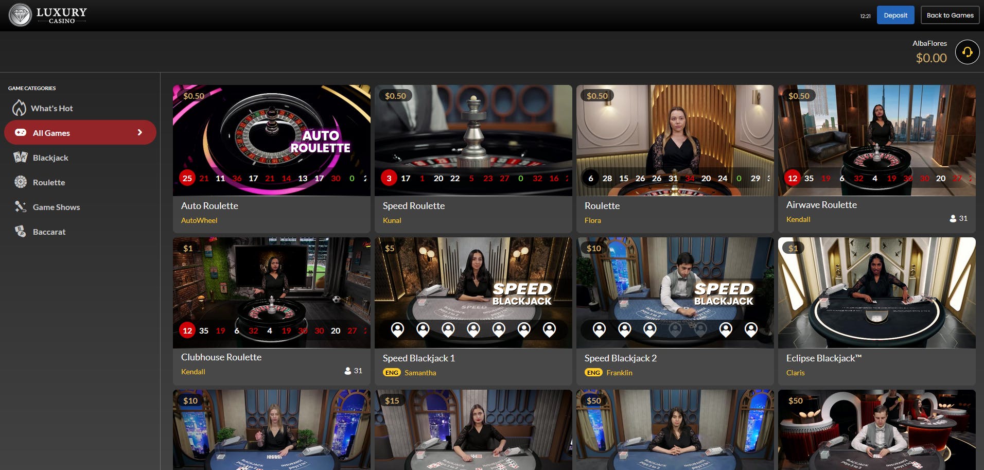 live casino selection in luxury casino