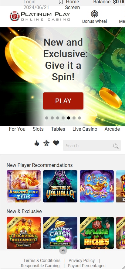 home page in platinum play online casino