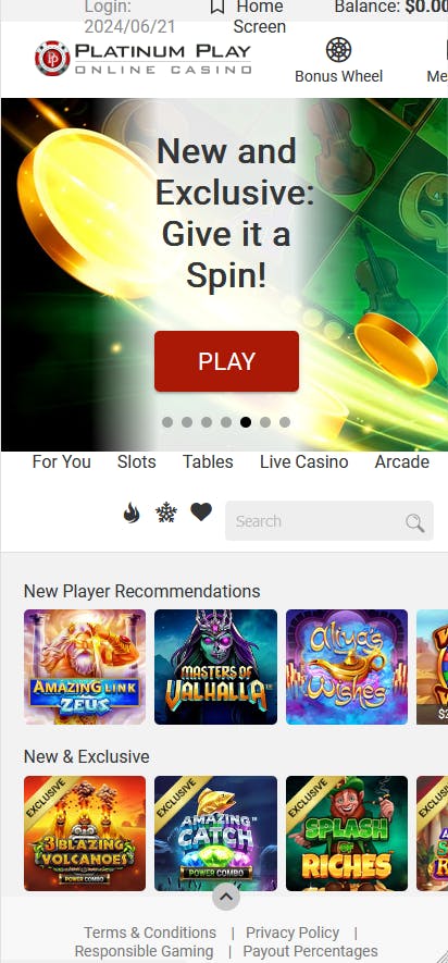 home page in platinum play online casino