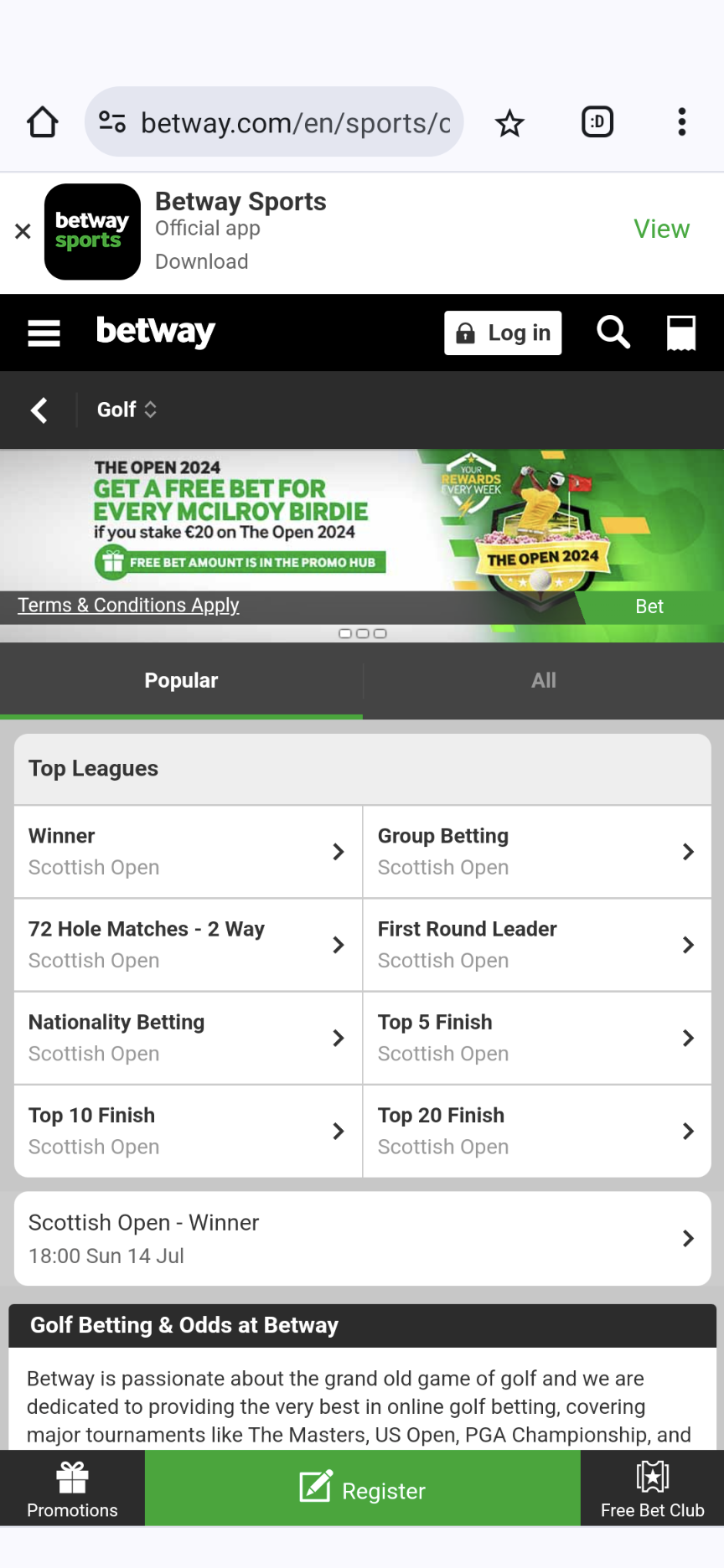 Betway golf betting in Ireland