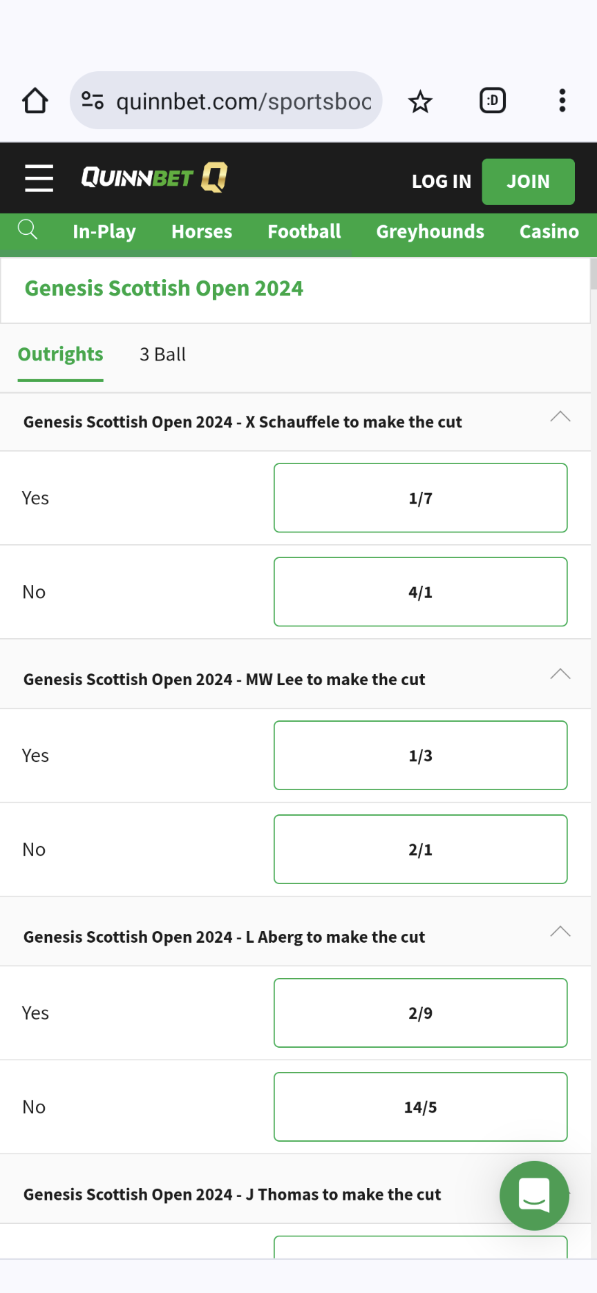 Quinnbet golf betting in Ireland