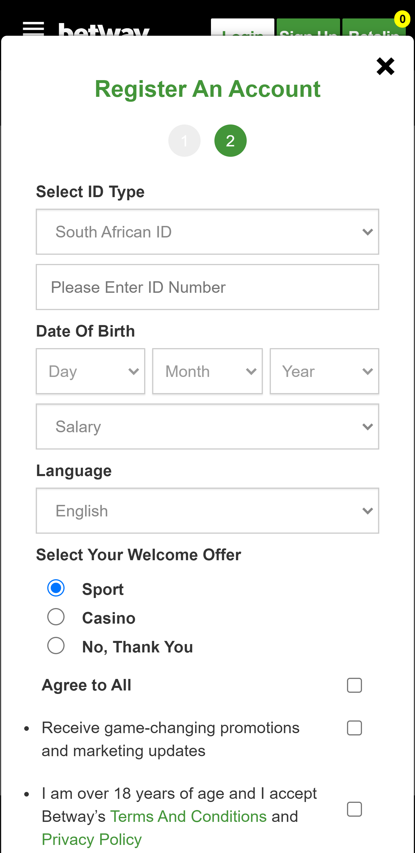 Betway ZA fill out details