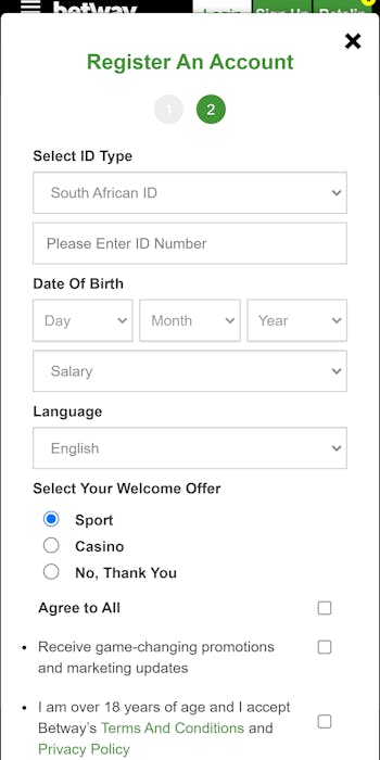 Betway ZA fill out details