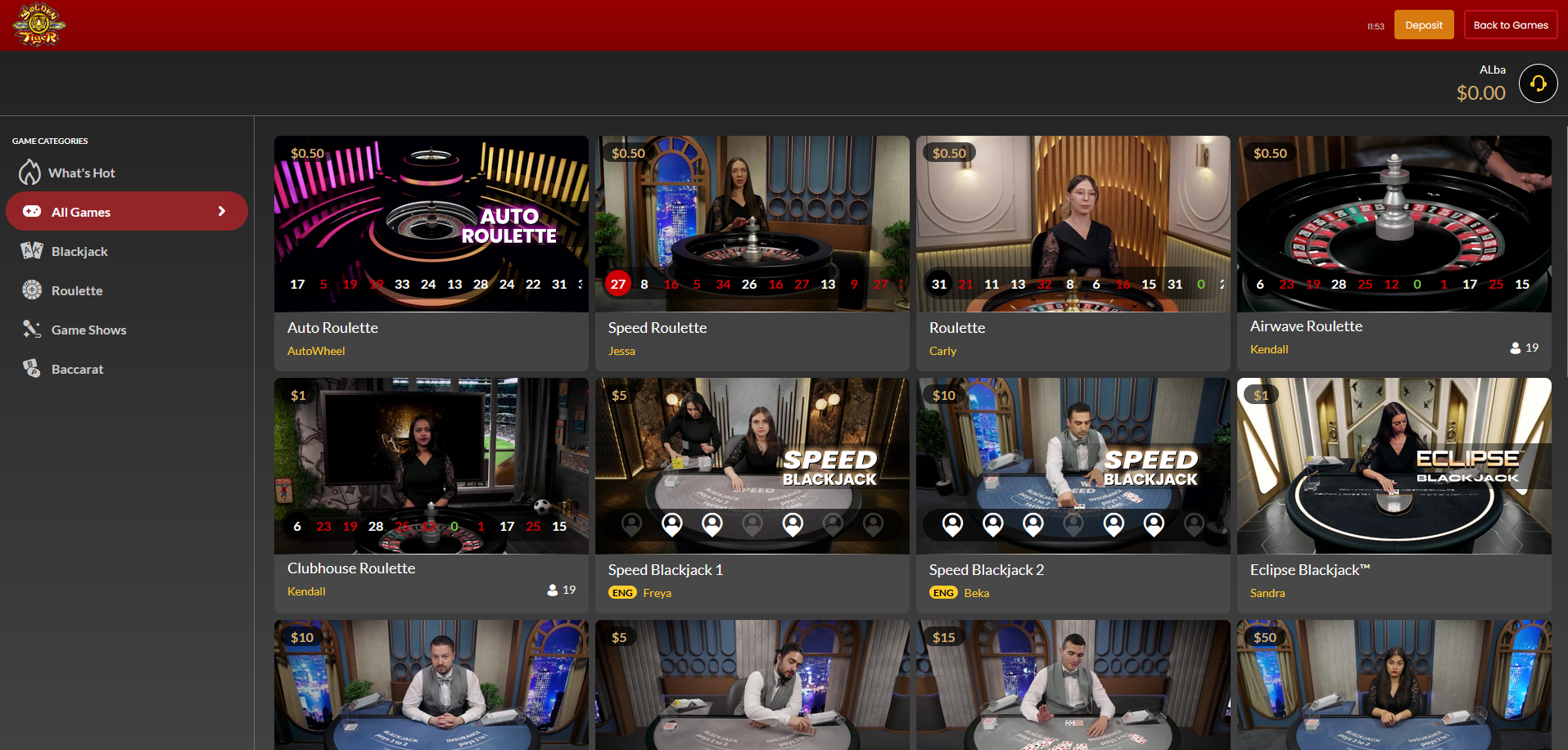 live casino selection in golden tiger casino
