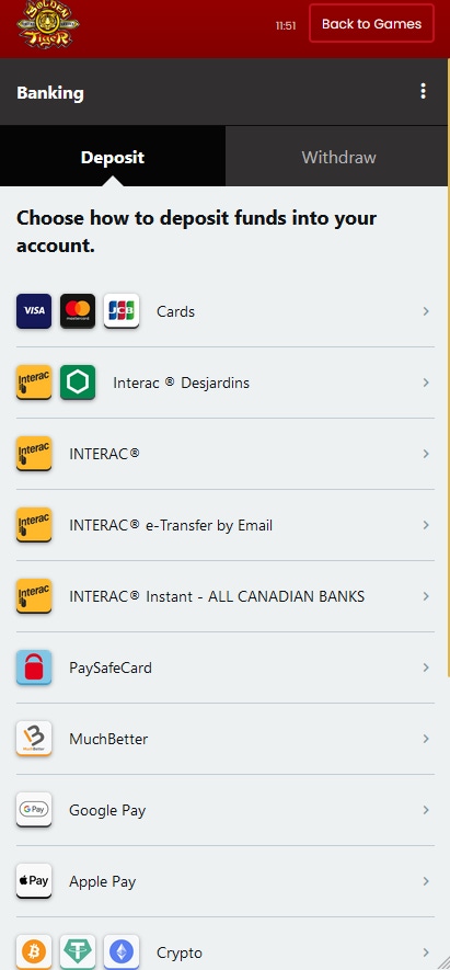 golden tiger payment methods on mobile