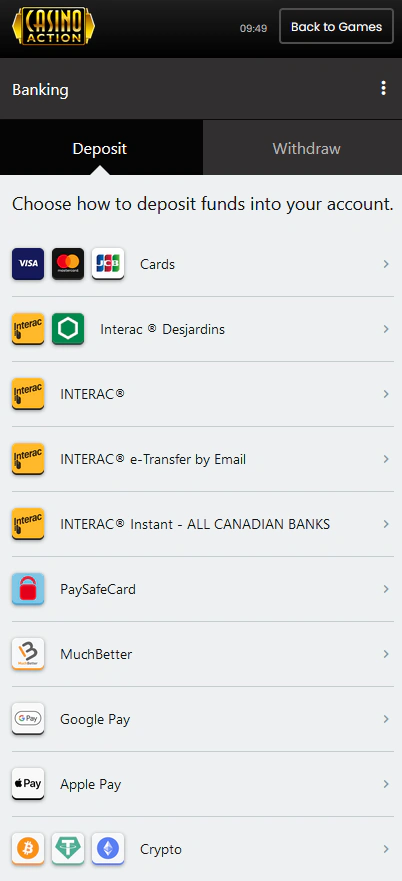 casino action banking options on mobile