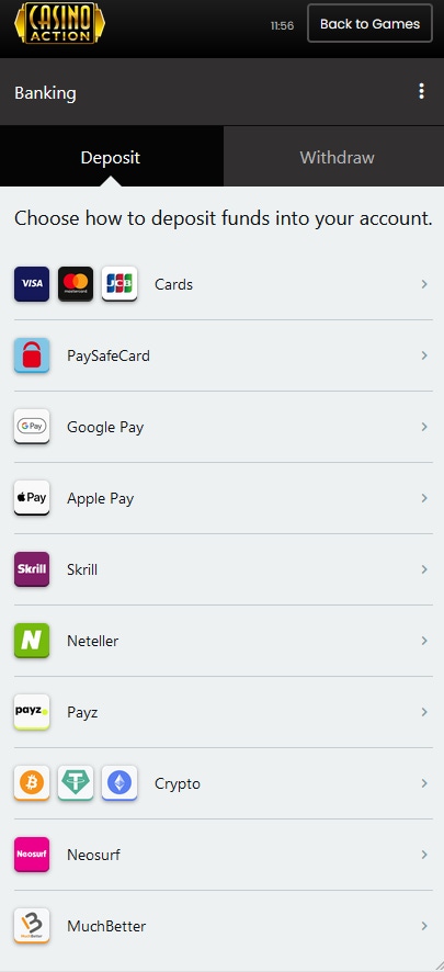 NZ payment methods in Casino Action
