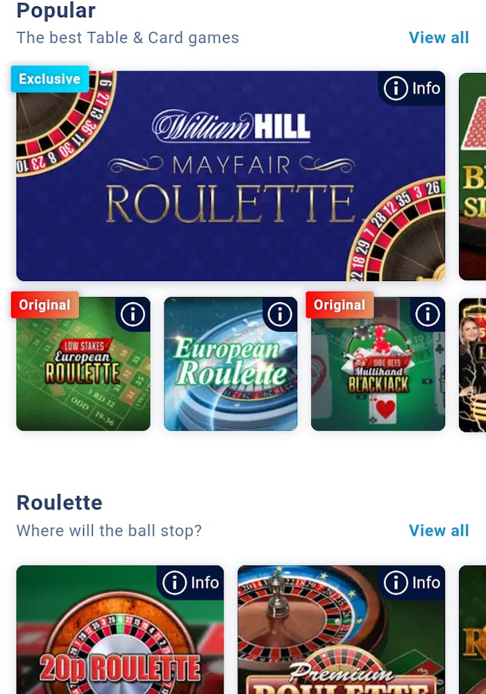 william hill table games