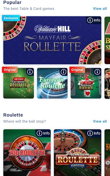 william hill table games