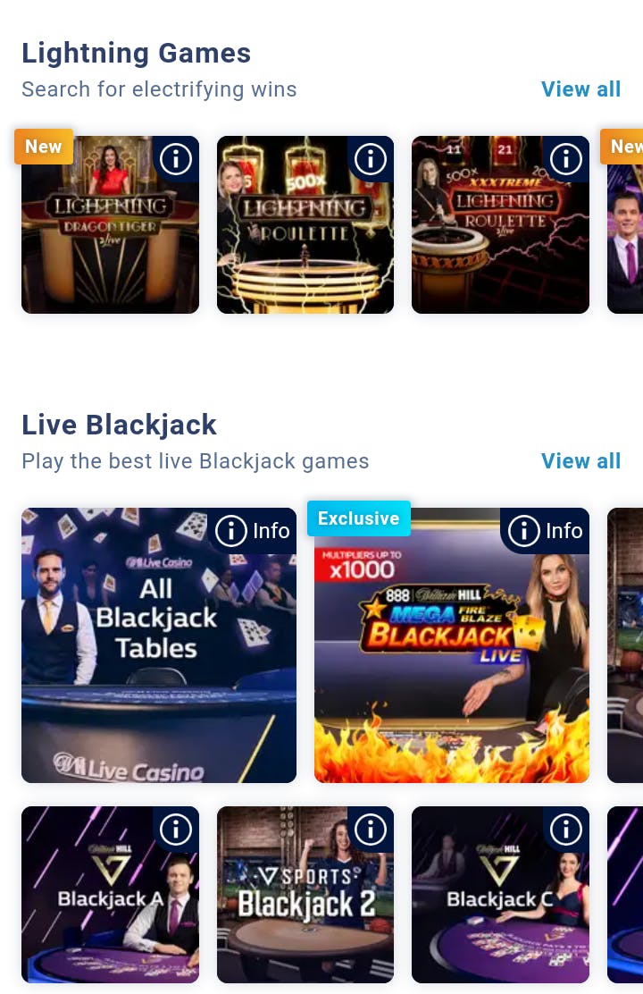 william hill live casino selection