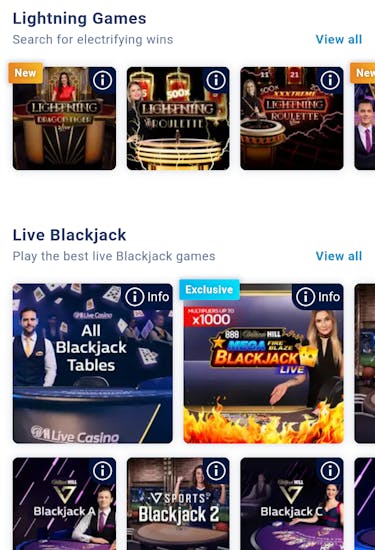 william hill live casino selection
