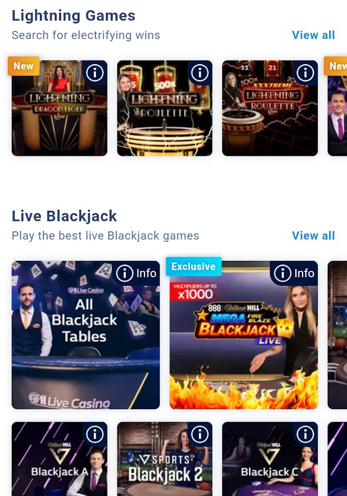 william hill live casino selection