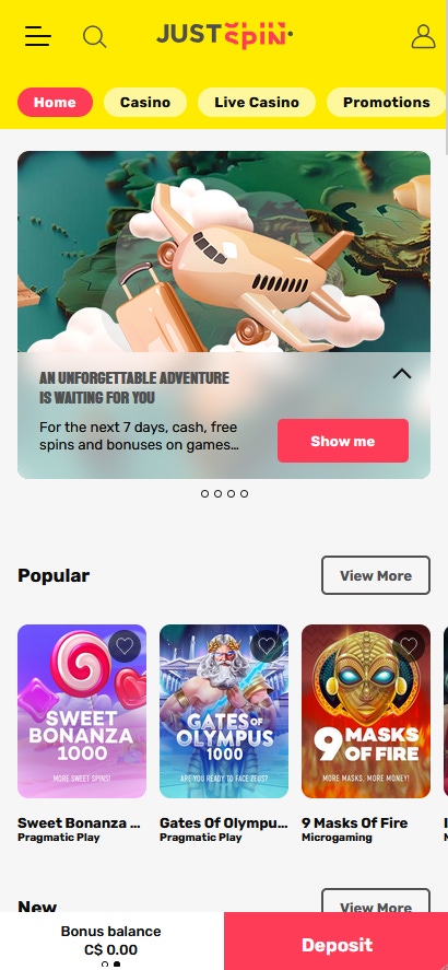 just spin casino mobile home page