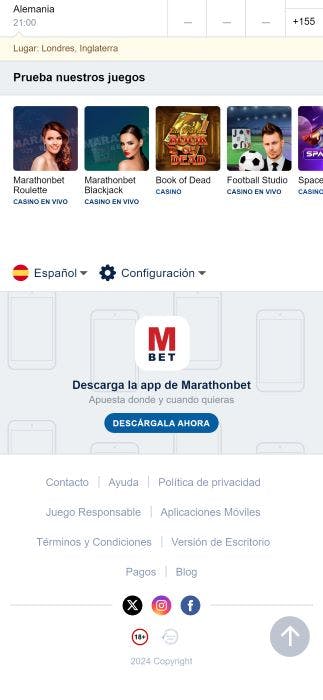 Cómo encontrar los links de descarga de la app de Marathonbet - paso 1