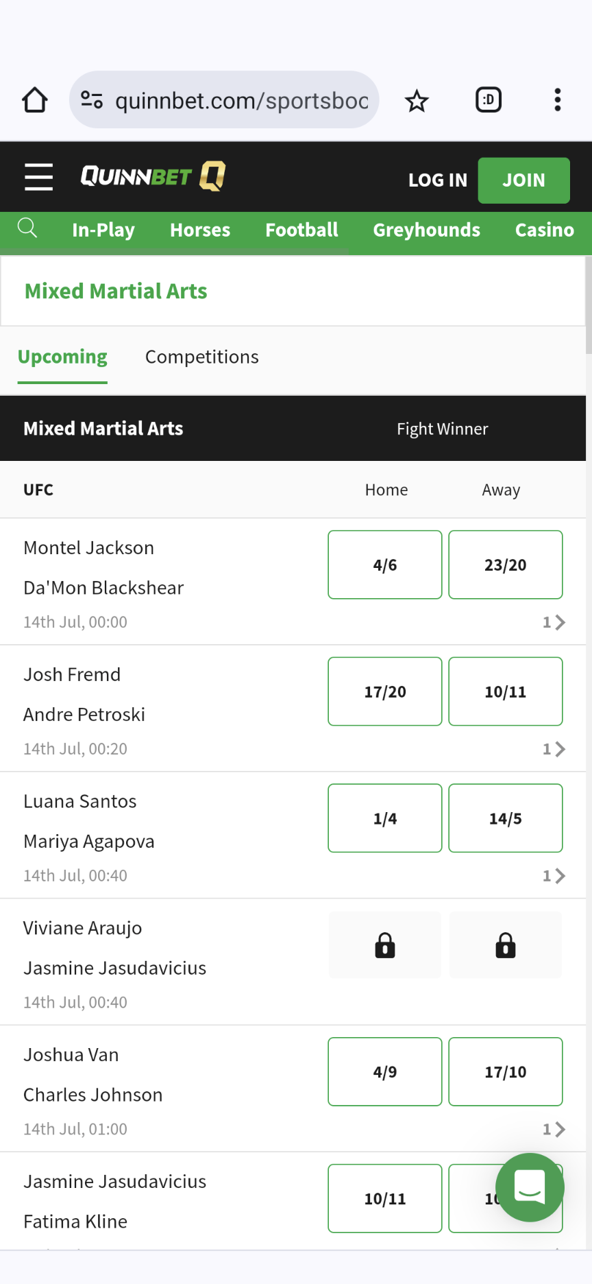 Quinnbet upcoming MMA bets