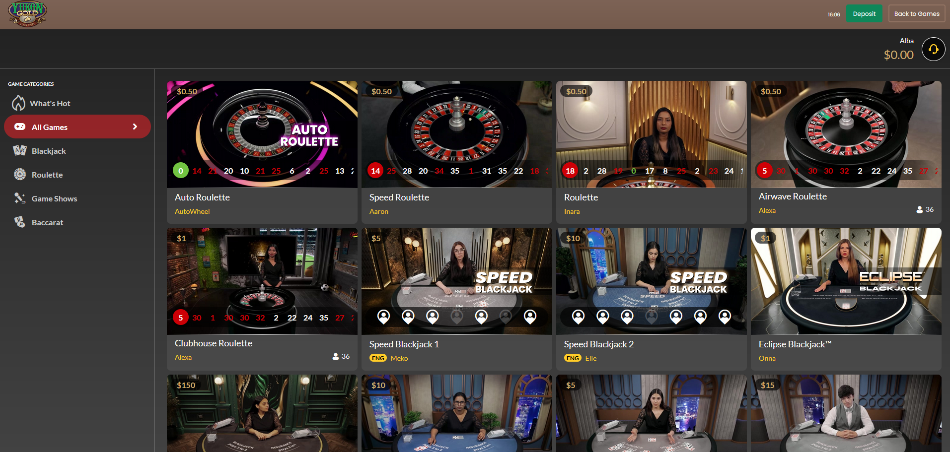 yukon gold casino live casino games
