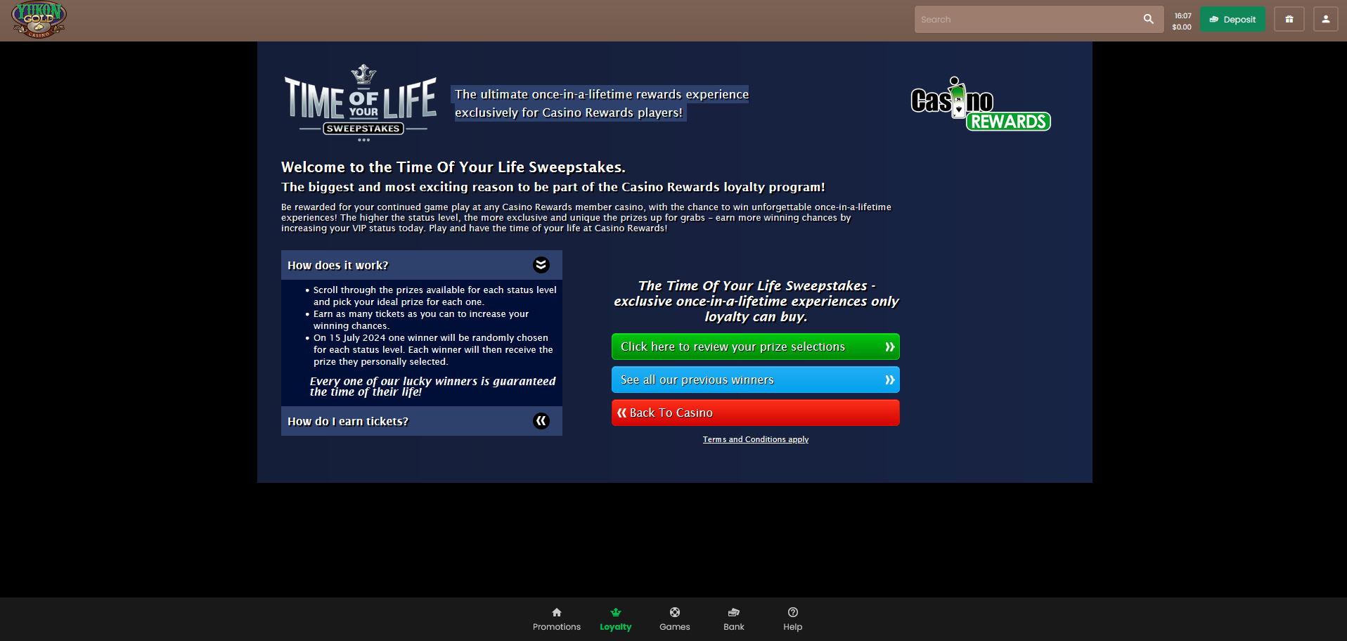 yukon gold casino time of your life sweepstakes