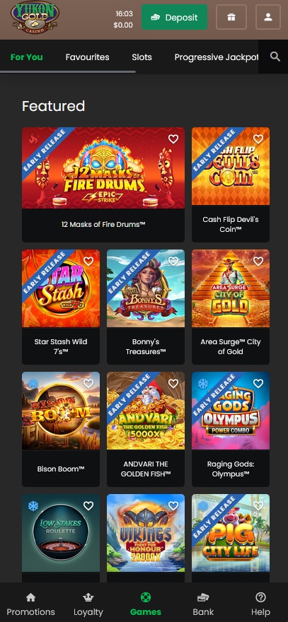 yukon gold casino mobile games