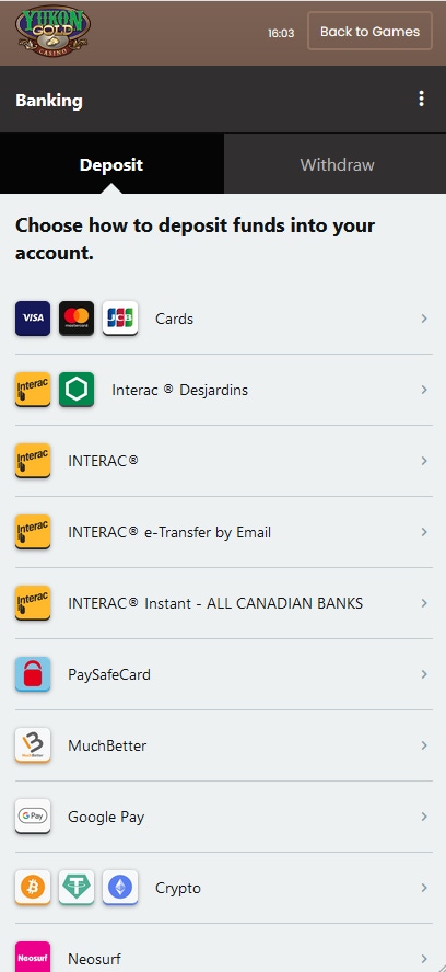 yukon gold casino mobile payments