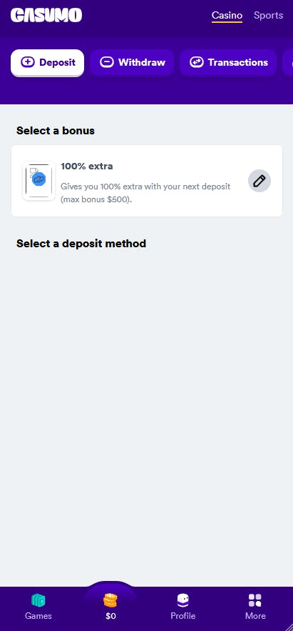 casumo deposit on mobile devices