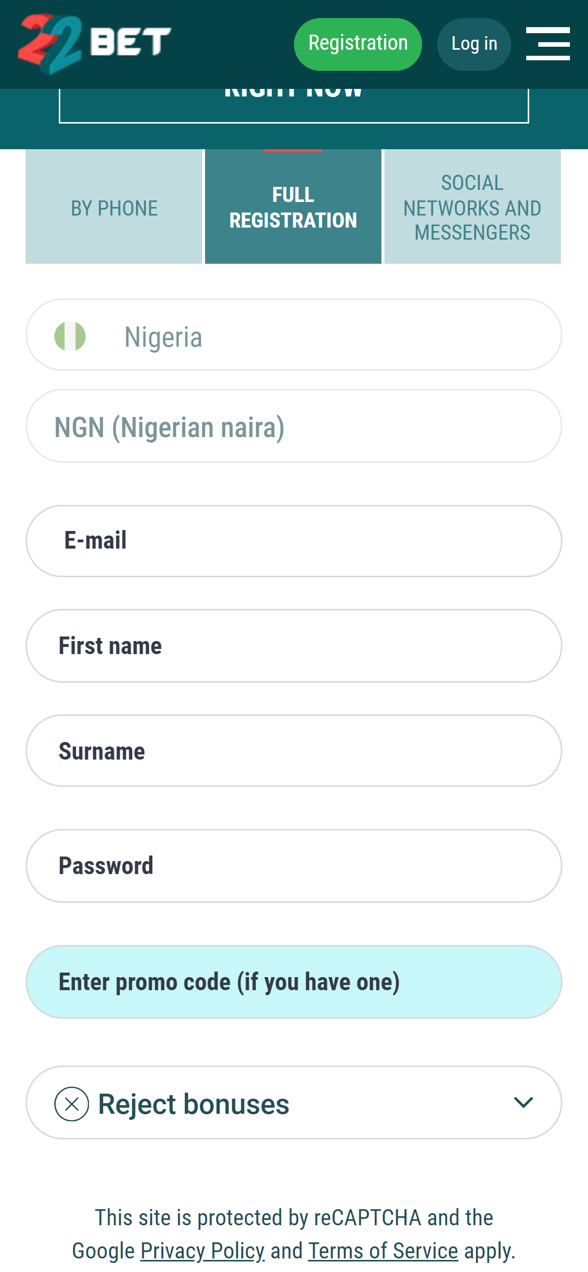 22bet.ng signup