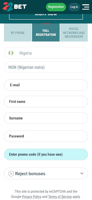 22bet.ng signup