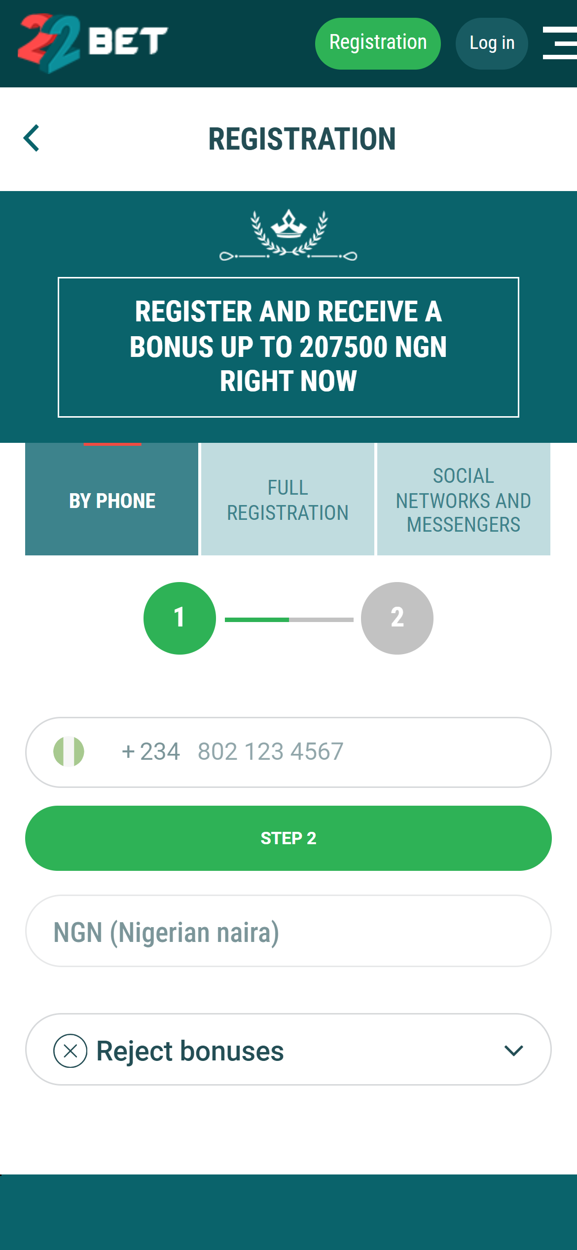 22bet NG bonus registration