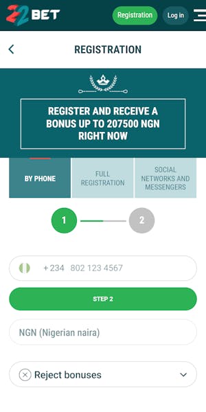 22bet NG bonus registration