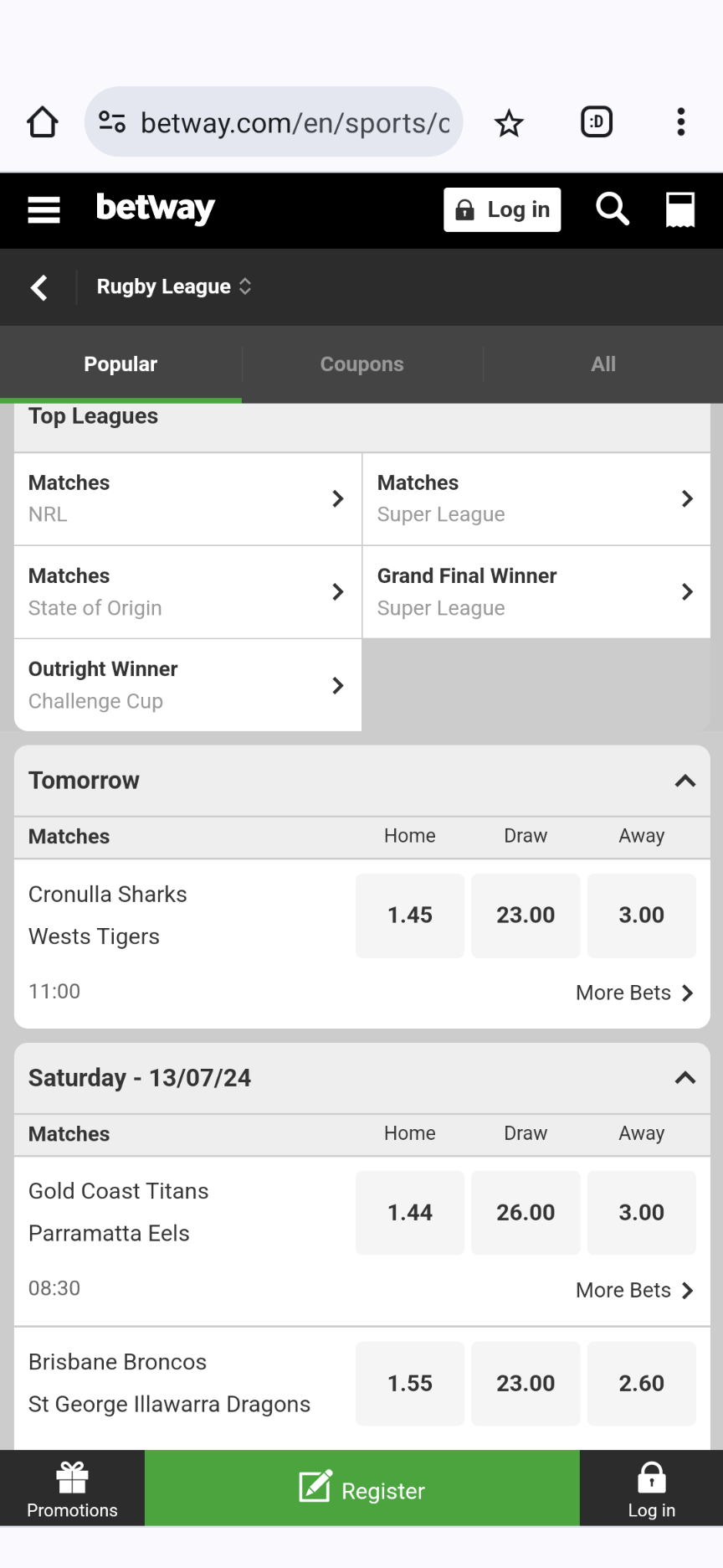 Betway rugby league betting