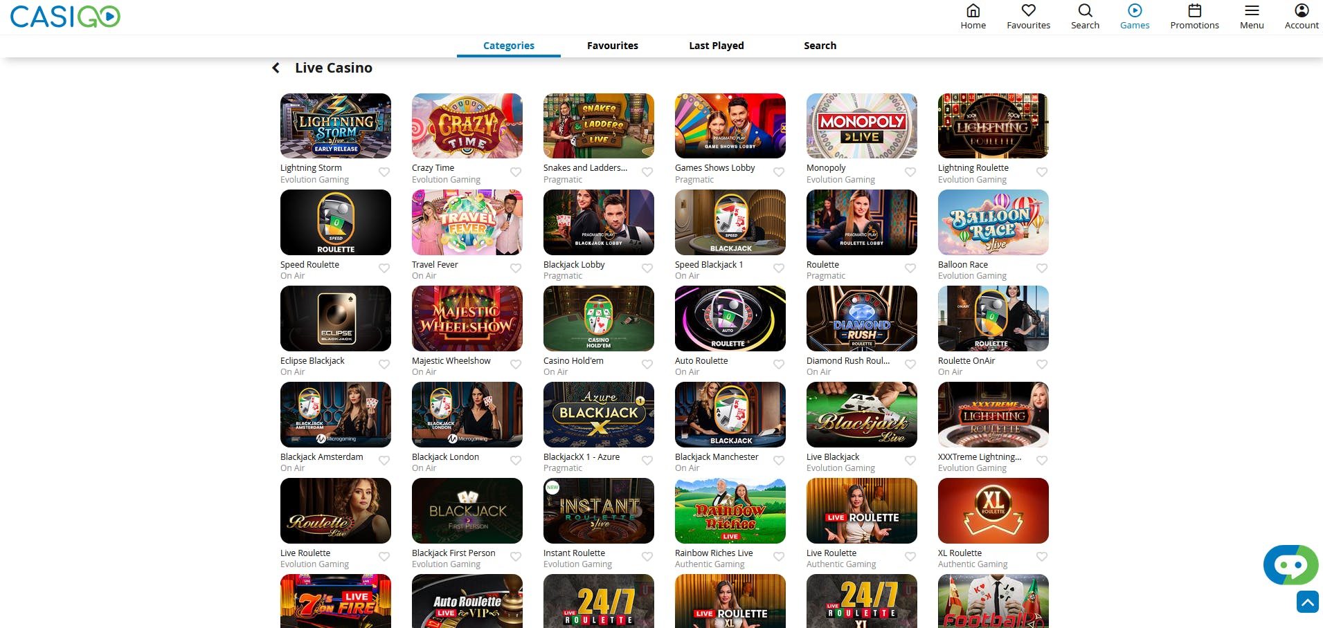 casigo live casino games selection