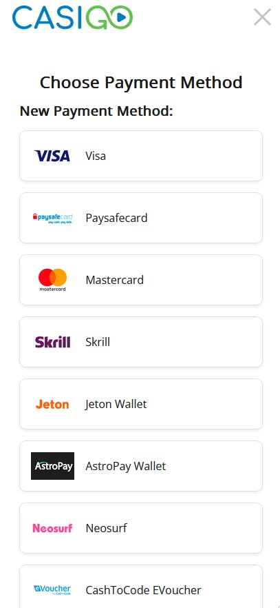 casigo payment methods on mobile