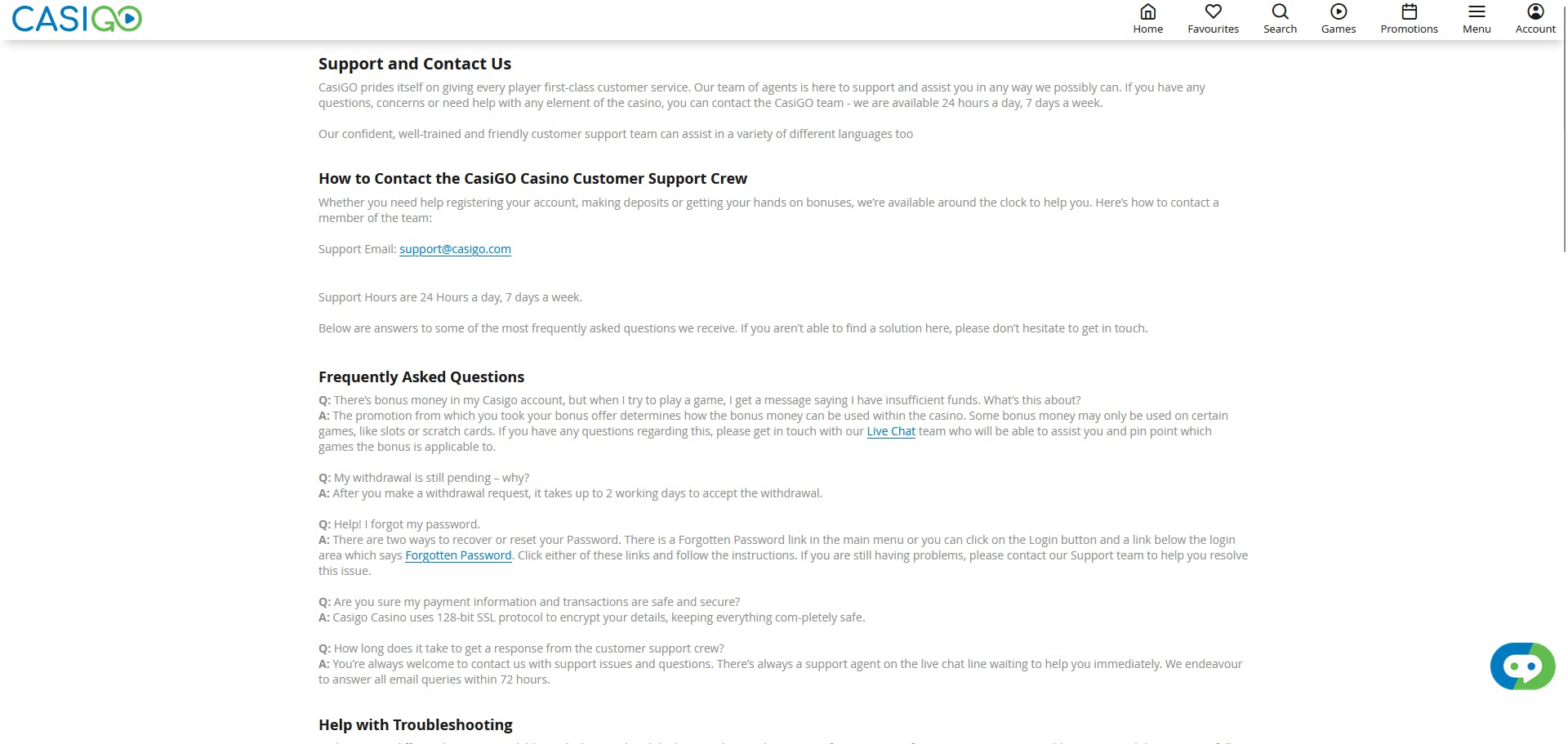 casinogo faqs and customer support