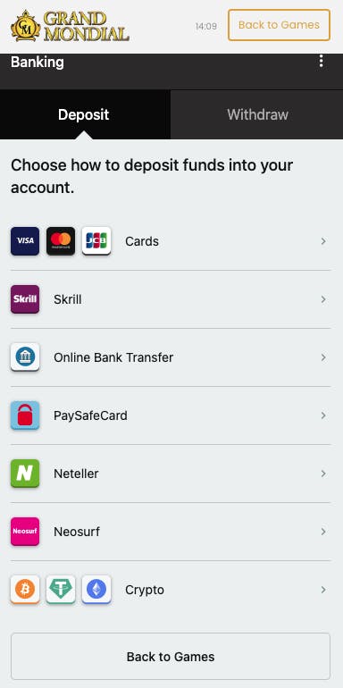 grand mondial ireland payment methods on mobile